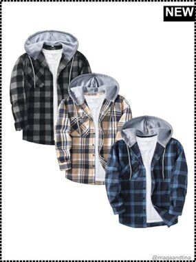 Men's Flannel Hoodie Shirt Button Down Plaid Long Sleeve Casual